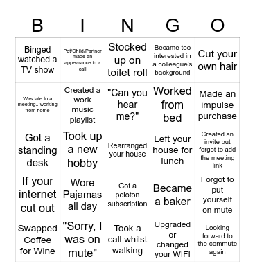 Working From Home/ Lockdown Edition Bingo Card