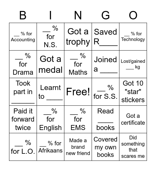 Goal Setting Bingo Card