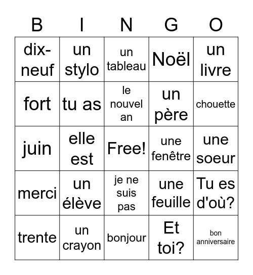 Frans: unité 1 - 8 Bingo Card