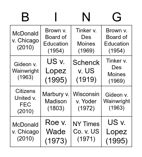 Required Supreme Court Cases Bingo Card