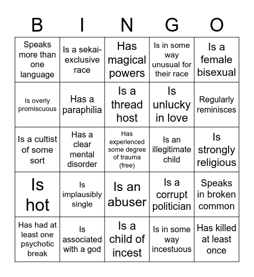 Sekaian Character Bingo Card