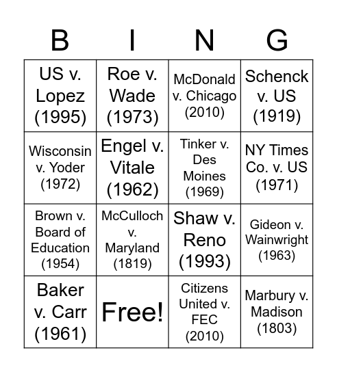 Required Supreme Court Cases Bingo Card