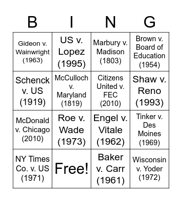 Required Supreme Court Cases Bingo Card