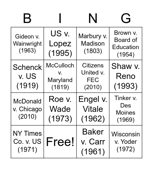 Required Supreme Court Cases Bingo Card