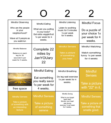 JanYOUary = "A New Mindful You!" Bingo Card