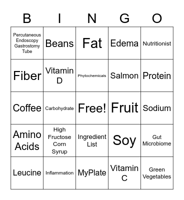 Nutrition Bingo Card