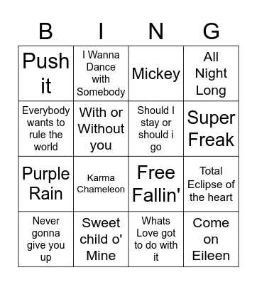 80's Hits Bingo Card
