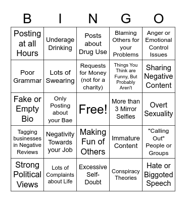 Social Media Red Flag Bingo Card