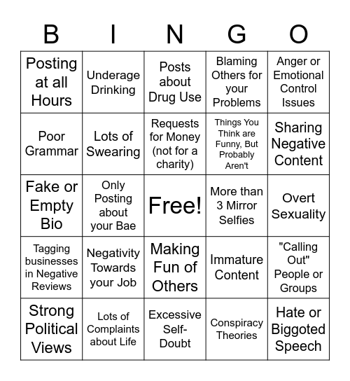 Social Media Red Flag Bingo Card