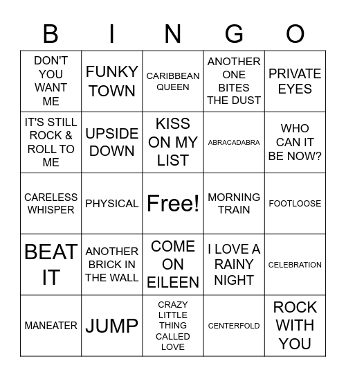 80'S #1'S Bingo Card