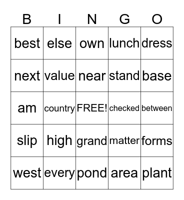 Dolch Words Bingo Card