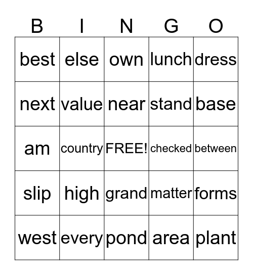 Dolch Words Bingo Card