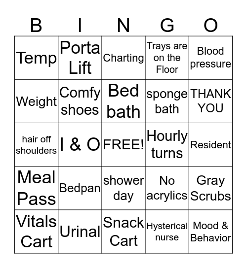 Nurse Aide Week Bingo Card