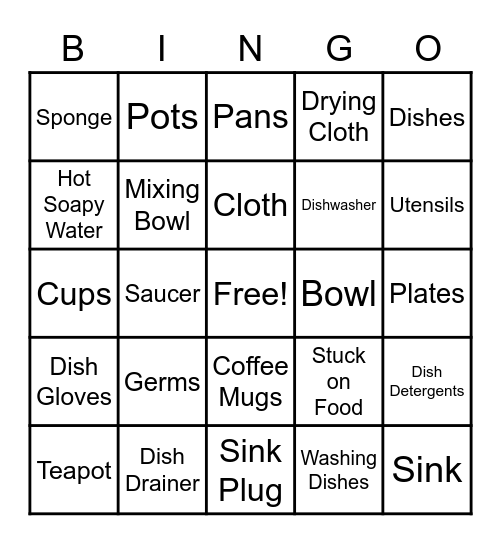 Washing Dishes Bingo Card