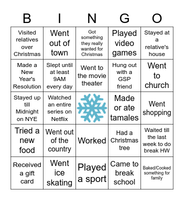 Human Bingo - Winter Break Edition Bingo Card