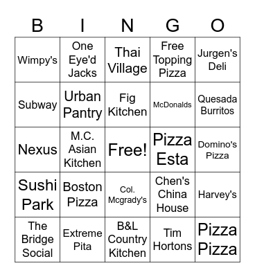 Uxbridge Take-Out Bingo Card