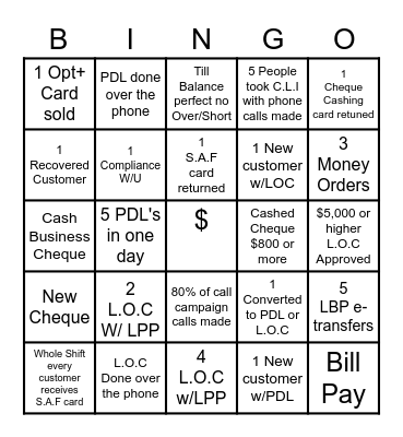 Cash Money Bingo Card