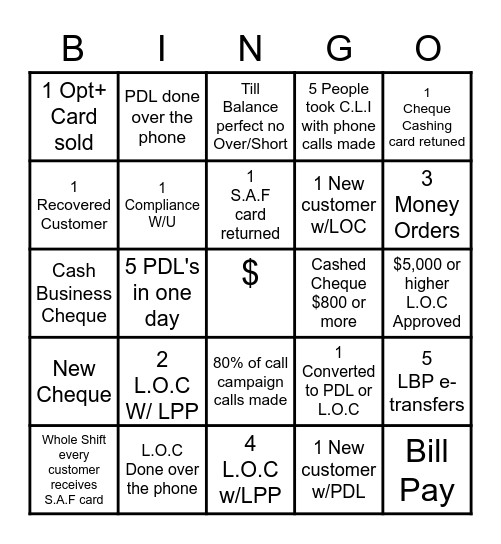 Cash Money Bingo Card