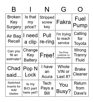 Parts Dept Bingo! Bingo Card