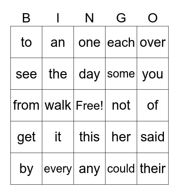 1st Grade Sight Words Bingo Card