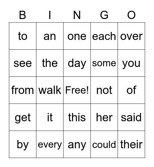 1st Grade Sight Words Bingo Card