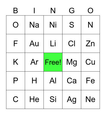 Periodic Table Bingo Card