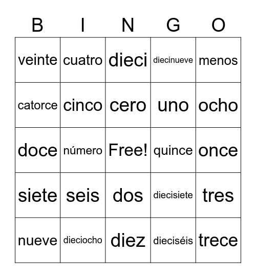 0-20 Bingo Card