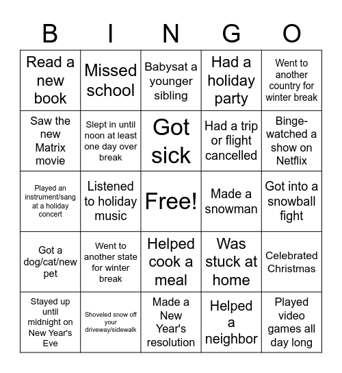 Winter Break Human Bingo Card