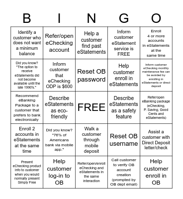 eChecking / eStatements Bingo Card