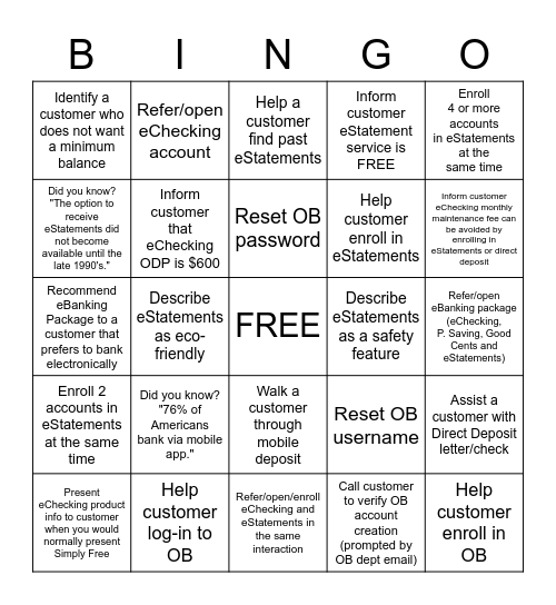 eChecking / eStatements Bingo Card