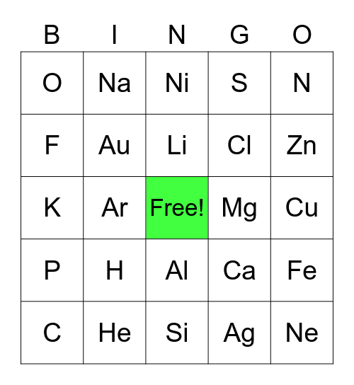 Periodic Table Bingo Card
