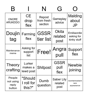 FGO Board January 2022 Bingo Card