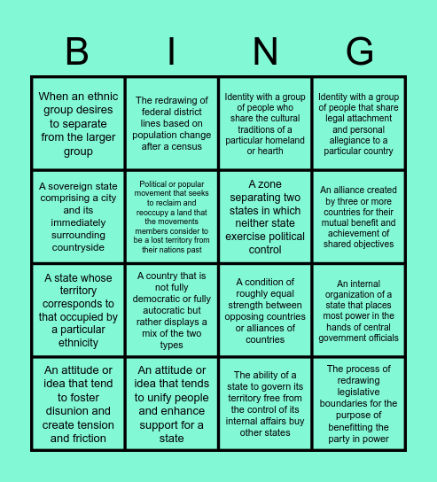 Vocab test Bingo Card