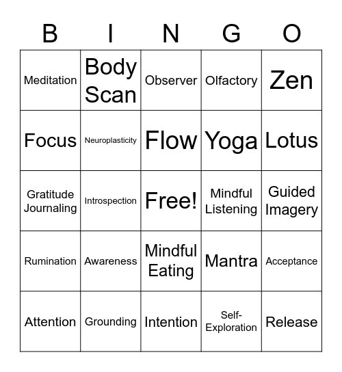 Mindfulness Bingo Card