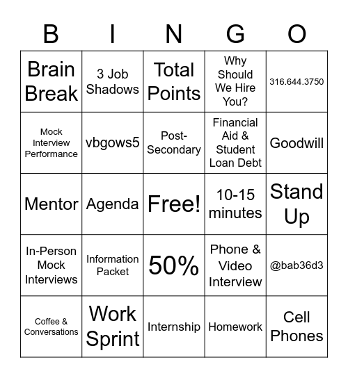 Jr. Career Explore Spring Semester Bingo Card