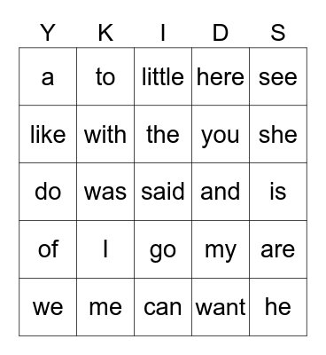 Sight Words - Kindergarten Bingo Card