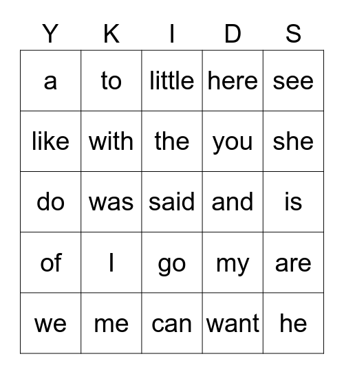 Sight Words - Kindergarten Bingo Card