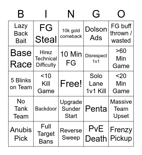 Smite World Championship Bingo Card