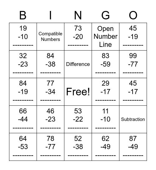 Two-Digit Subtraction Bingo Card