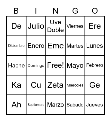 Days, Months, and the Alphabet Bingo Card