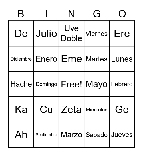 Days, Months, and the Alphabet Bingo Card
