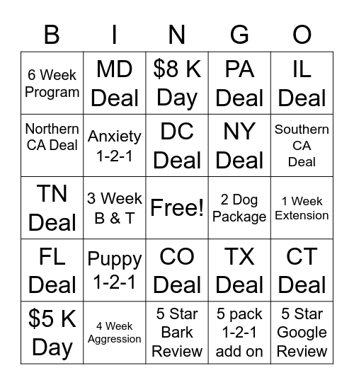 Bark & Birch Sales Bingo Card