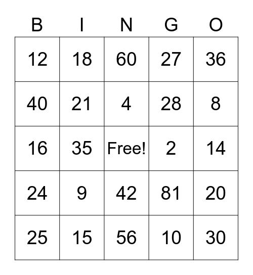 Multiplication Bingo Card