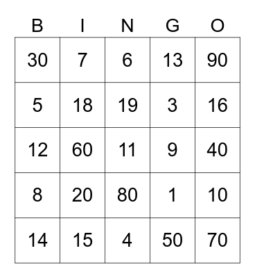 Spanish Numbers Bingo Card