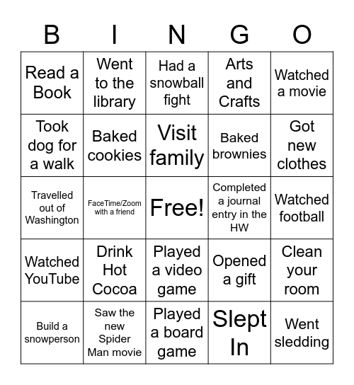 Winter Break Bingo Card