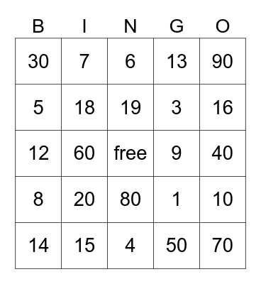 Spanish Numbers Bingo Card