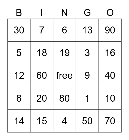 Spanish Numbers Bingo Card
