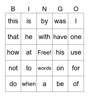 First 50 Sight Words Bingo Card