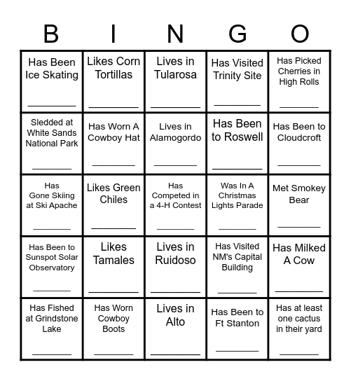 New Mexico: Find A Friend Who... Bingo Card