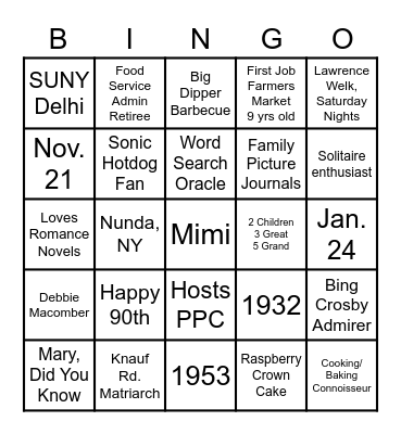 Mimi's Birthday Party Bingo Card